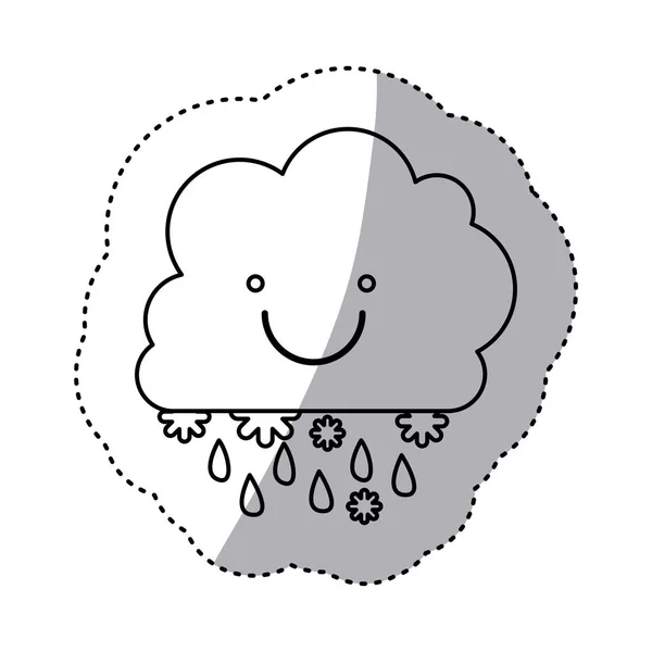 Kümülüs bulutlar yağmur ile gülümseyen tek renkli kontur etiket — Stok Vektör