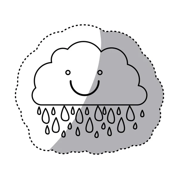 Monochrome contour sticker of smiling cloud with rain — Stock Vector
