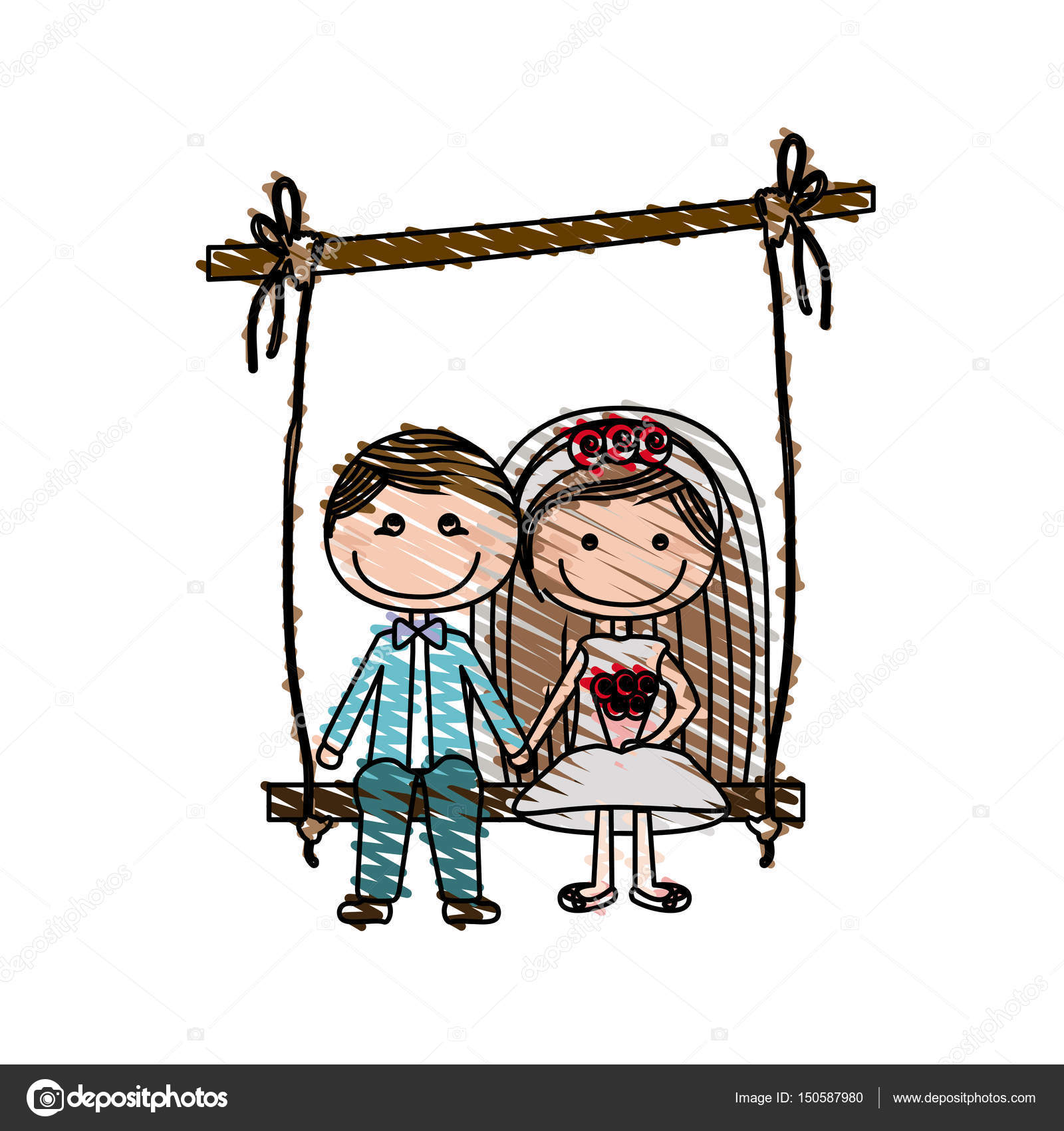 Colore disegno a matita di caricatura sposato ragazzo e ragazza sedersi in altalena appeso a un ramo illustrazione di vettore — Vettoriali di grgroupstock
