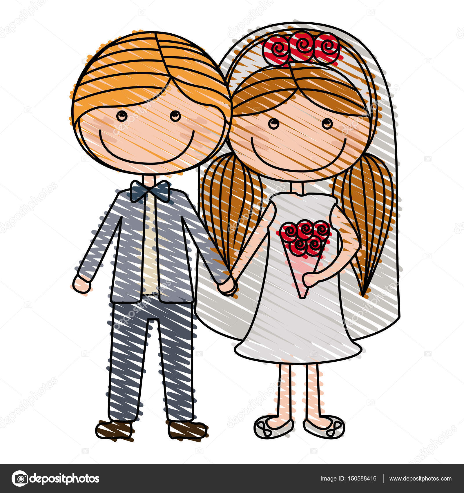 Colore disegno a matita di sposa e sposo di caricatura con abito formale con il vettore codini acconciatura — Vettoriali di grgroupstock