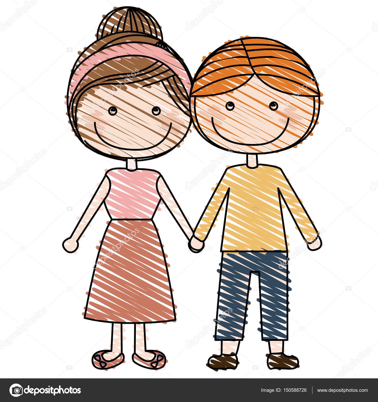 colore disegno a matita della ragazza e caricatura ragazzo biondo Colore disegno a matita della ragazza e caricatura ragazzo biondo capelli raccolti acconciatura con il vettore di mani di presa — Vettoriali di grgroupstock