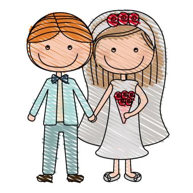 kısa saçlı düğün elbiseli karikatür çift renk karakalem