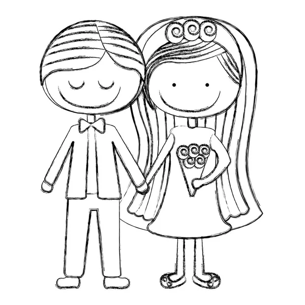 Silhouette sfocata caricatura coppia in abito da sposa con bouquet — Vettoriale Stock