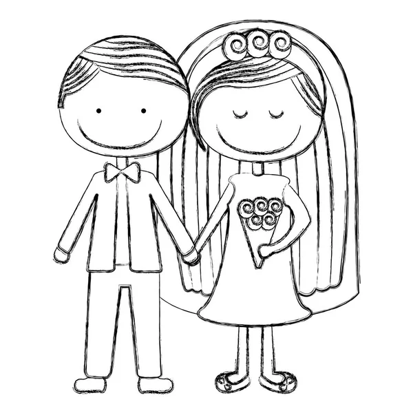 Silueta borrosa novio caricatura con traje formal y novia con los ojos cerrados — Vector de stock