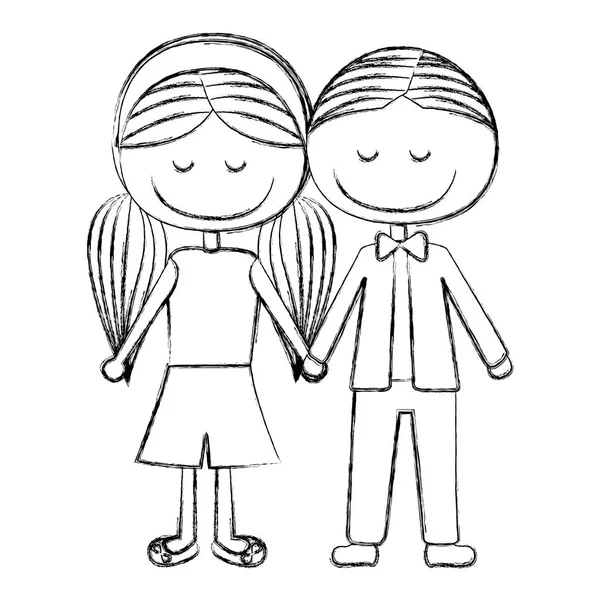 Rozmazané siluety karikaturu boy krátké vlasy a dívka copánky účes přijatých rukama — Stockový vektor
