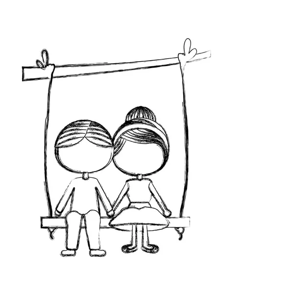 Silueta borrosa caricatura sin rostro chico en traje formal y chica con el pelo recogido sentarse en columpio colgando de una rama — Vector de stock