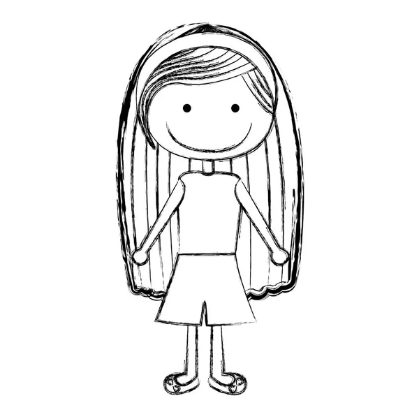 Silueta borrosa chica caricatura con el pelo largo en blusa y falda — Vector de stock