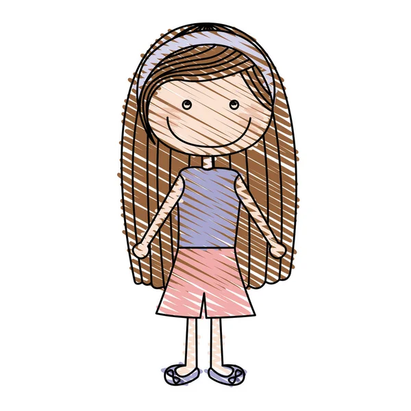 Color pencil drawing of caricature brown long hair girl with shirt and skirt — Stock Vector