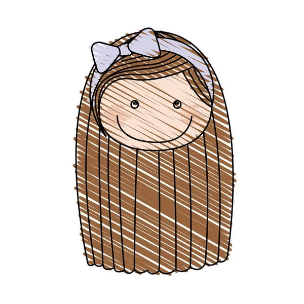 Kleur potlood tekening van karikatuur voorzijde meisje met lang bruin haar — Stockvector