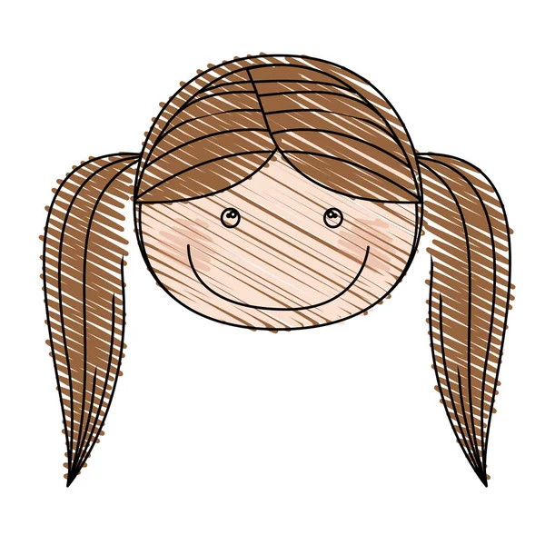 Desenho a lápis de cor de caricatura menina rosto frontal com cabelo pigtail — Vetor de Stock