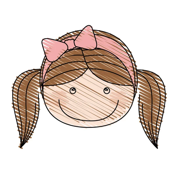 Desenho a lápis de cor de caricatura menina rosto frontal com tranças e rosa laço cabelo — Vetor de Stock