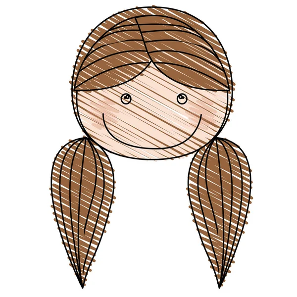 Color pencil drawing of caricature front face girl with brown pigtails hair — Stock Vector