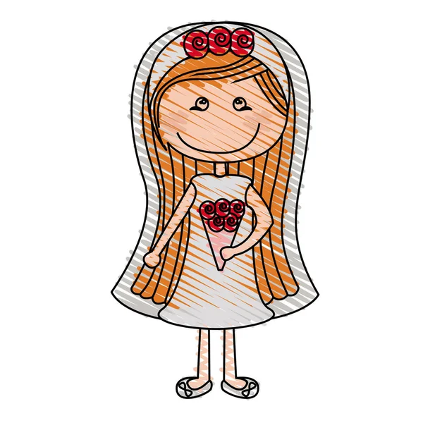 Desenho a lápis de cor de mulher caricatura no vestido de noiva com penteado longo laranja — Vetor de Stock