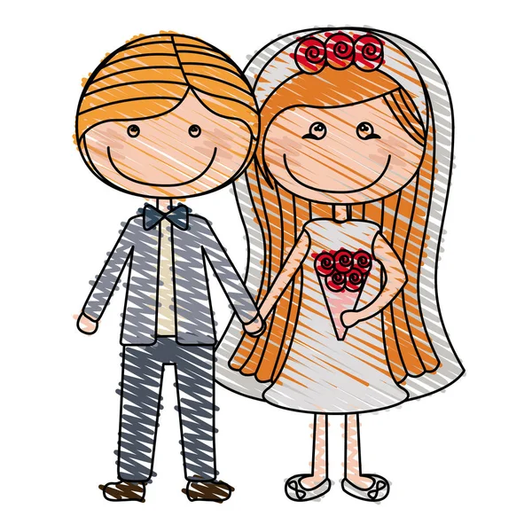 Dessin au crayon couleur de couple caricature en costume de mariage avec cheveux blonds — Image vectorielle