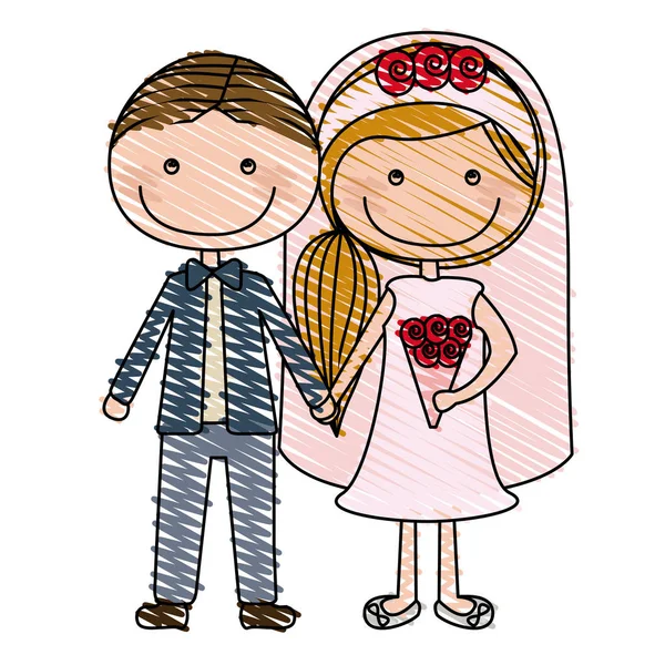 Dibujo a lápiz de color de novio de caricatura con traje formal y novia con peinado lateral — Vector de stock