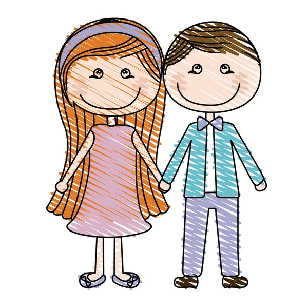 Barevné tužky výkresu karikatura páru v obleku formální přijatých rukama — Stockový vektor