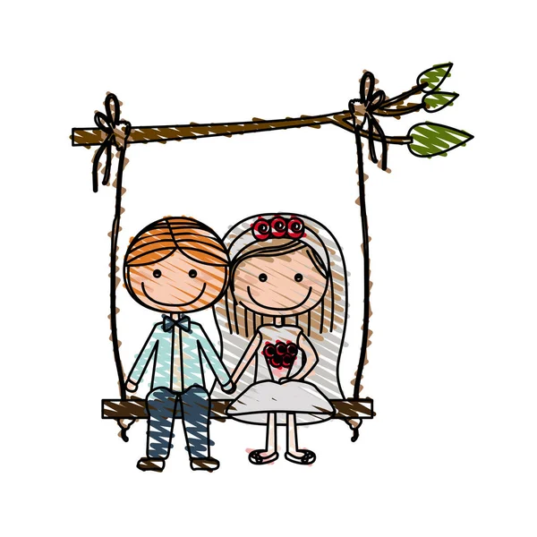 Color pencil drawing of caricature married couple sit in swing hanging from a branch — Stock Vector