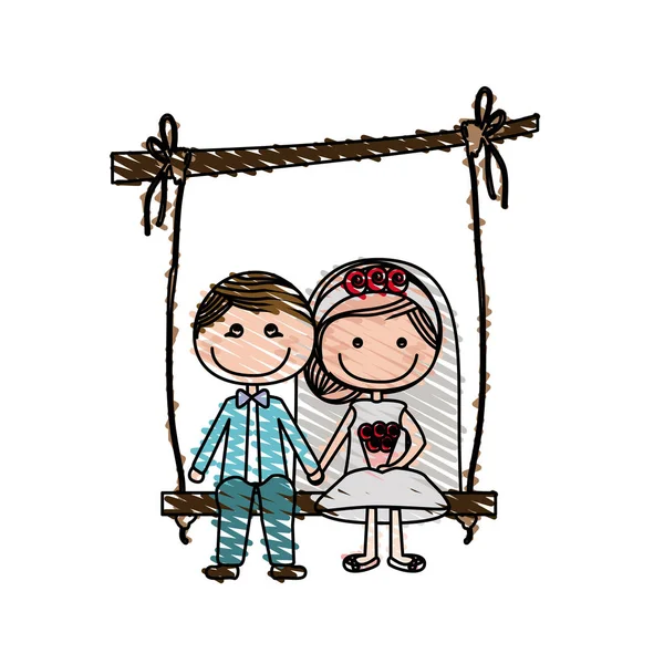 Color pencil drawing of caricature married man and woman sit in swing hanging from a branch — Stock Vector