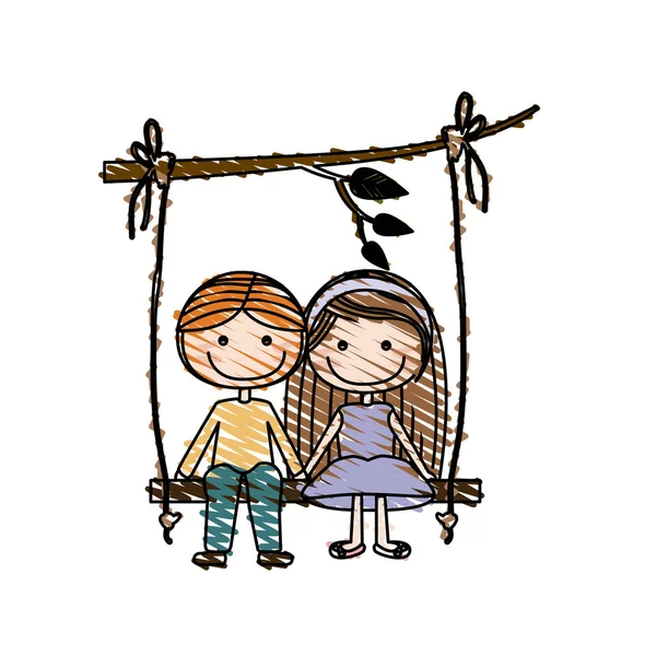 Color pencil drawing of caricature blond guy in formal suit and girl with brown long hair sit in swing hanging from a branch — Stock Vector