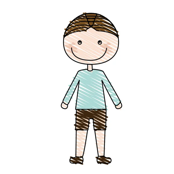 Dibujo a lápiz de color de niño caricatura con camiseta y pantalones cortos — Archivo Imágenes Vectoriales