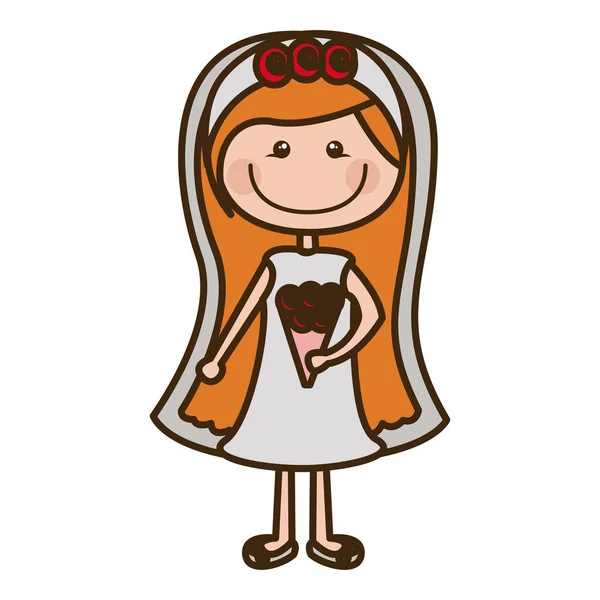 Cor silhueta mulher dos desenhos animados no vestido de noiva com olhos expressivos — Vetor de Stock