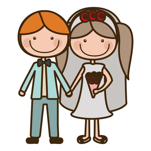 Colore silhouette fumetto sposo con abbigliamento formale e sposa con acconciatura trecce — Vettoriale Stock