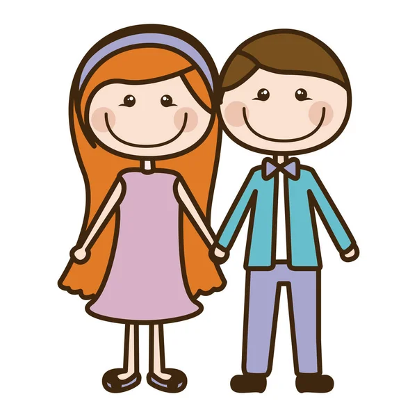 Color silueta de dibujos animados pareja en traje formal con las manos tomadas — Vector de stock