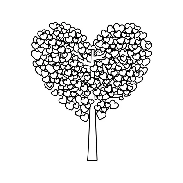 Silhouette monocromatica di albero con foglie a forma di cuore — Vettoriale Stock