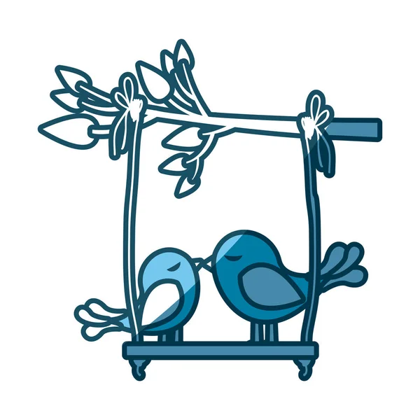 Голубой силуэт ветки дерева с качелями и парой птиц — стоковый вектор