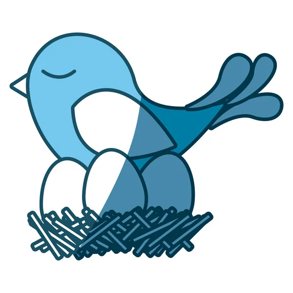 Blauwe silhouet van vogels in het nest met eieren — Stockvector
