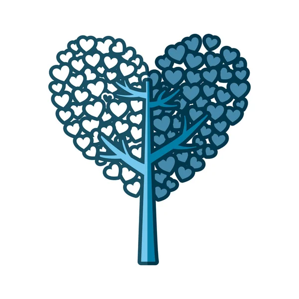 Silhueta azul de árvore com folhas em forma de coração — Vetor de Stock