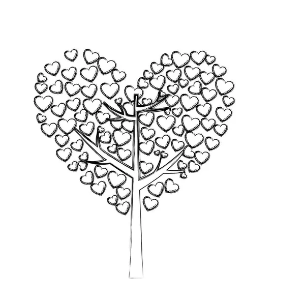 Schizzo monocromatico di albero con foglie a forma di cuore — Vettoriale Stock