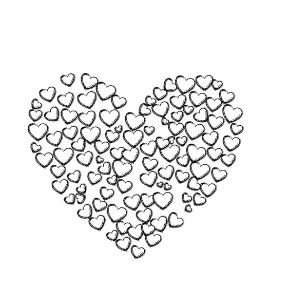 Boceto monocromo de muchos corazones formando un gran corazón — Archivo Imágenes Vectoriales