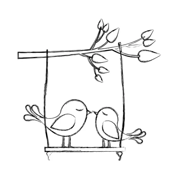 Monochroom schets van de vertakking van de beslissingsstructuur met schommel en paar van vogels — Stockvector