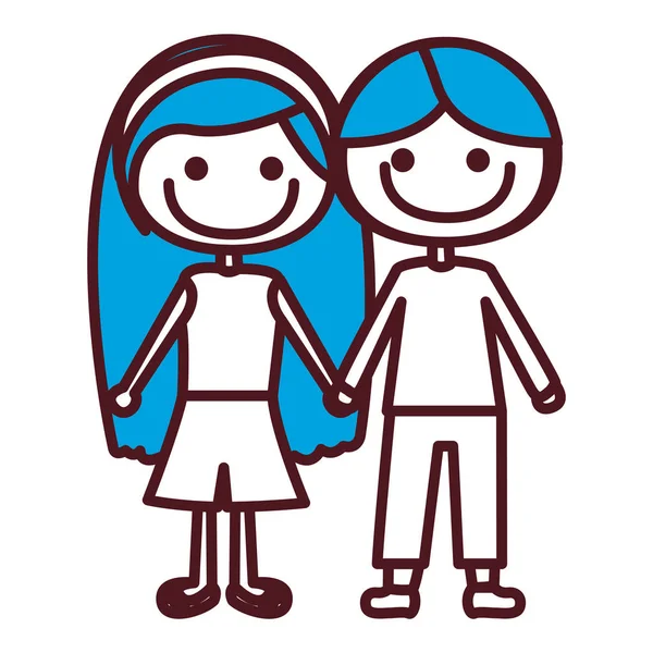 Χέρι σχεδίασης σιλουέτα καρικατούρα δυο παιδιά με τα μπλε μαλλιά σε casual ρούχα λαμβάνονται τα χέρια — Διανυσματικό Αρχείο