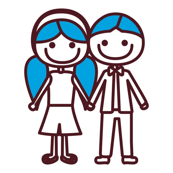 Tangan menggambar siluet anak laki-laki karikatur biru rambut pendek dan gadis kuncir gaya rambut dengan tangan yang diambil - Stok Vektor