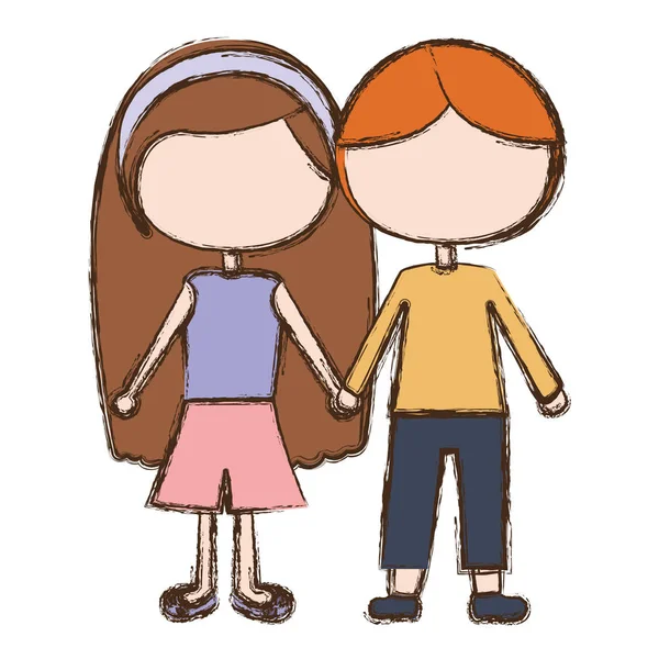 Blurred colorful faceless couple kids in casual clothes with taken hands — Stock Vector