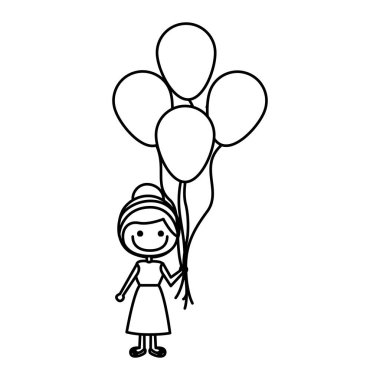 tek renkli kontur kız elbise ile ve birçok balon gülümseyen, karikatür