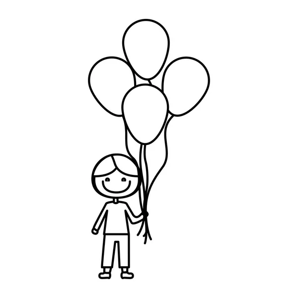 Monochrome contour of caricature of smiling kid with t-shirt and pants with many balloons — Stock Vector