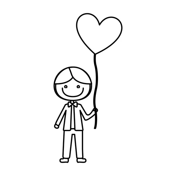Monochrome Kontur der Karikatur eines lächelnden Kindes mit Fliege und Ballon in Herzform — Stockvektor