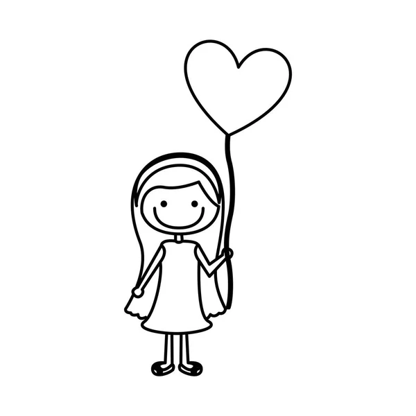 Monochroom contour van karikatuur van lachende meisje met kleding en lang haar met ballon in de vorm van hart — Stockvector