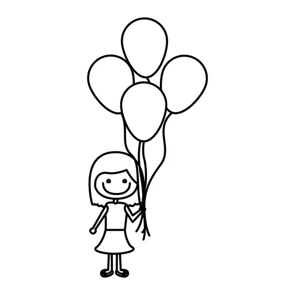 Contorno monocromático de caricatura de menina sorridente com vestido e cabelo curto e muitos balões — Vetor de Stock
