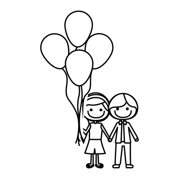 Monochromatyczne kontur karykatura krótkie włosy chłopak i dziewczyna z boku fryzurę z wielu balonów — Wektor stockowy