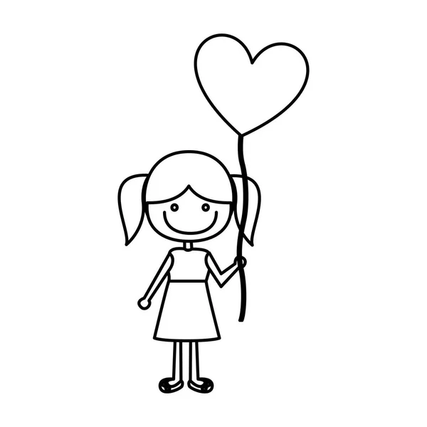 Monochrome contour of caricature of smiling girl in dress with balloon in shape of heart — Stock Vector