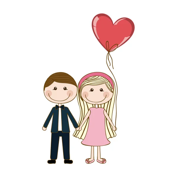 Colorful caricature of couple him in formal suit with tie and her in dress with balloon in shape of heart — Stock Vector