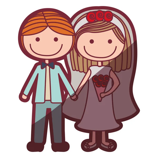 Cor silhueta sombreamento desenho animado casal em terno de casamento com cabelo curto — Vetor de Stock