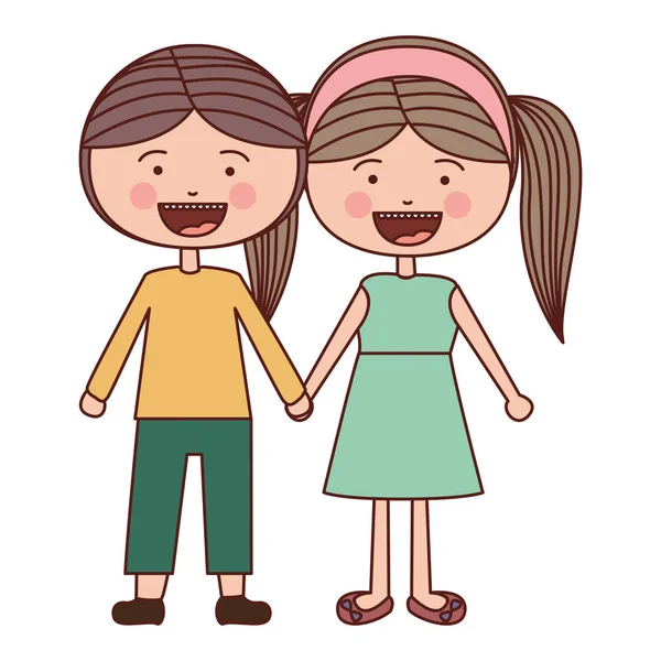 Färg siluett leende uttryck cartoon kille och tjej flätor frisyr med tagna händer — Stock vektor