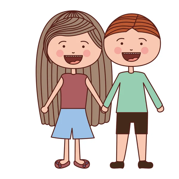 Colore silhouette sorriso espressione cartone animato coppia bambini in abiti casual con le mani prese — Vettoriale Stock