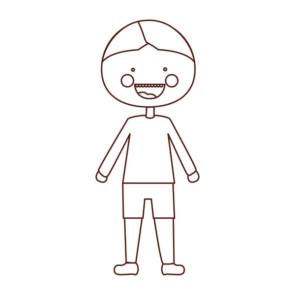 Schizzo contorno sorriso espressione cartone animato ragazzo con t-shirt e pantaloncini — Vettoriale Stock