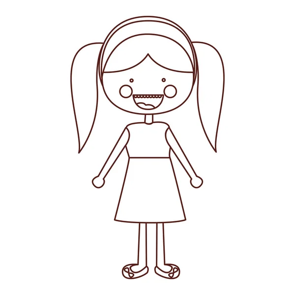 Bosquejo contorno sonrisa expresión dibujos animados coletas pelo chica con vestido — Vector de stock